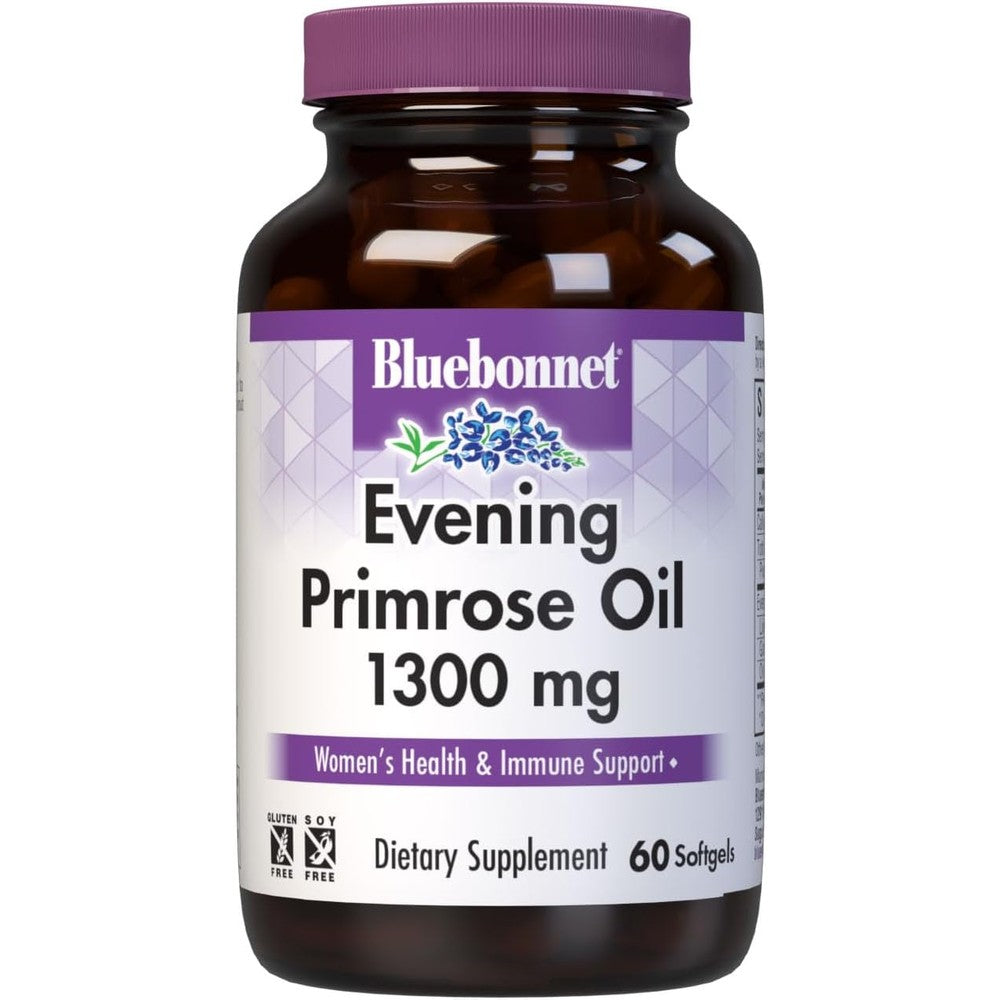 BlueBonnet Nutrition Evening Primrose Oil 1300mg 60 softgels front view bottle for womens health support