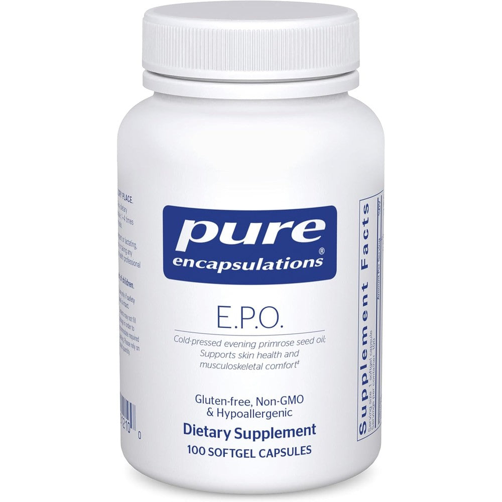 Pure Encapsulations Evening Primrose Oil 100 softgels bottle front view for hypoallergenic skin health support.