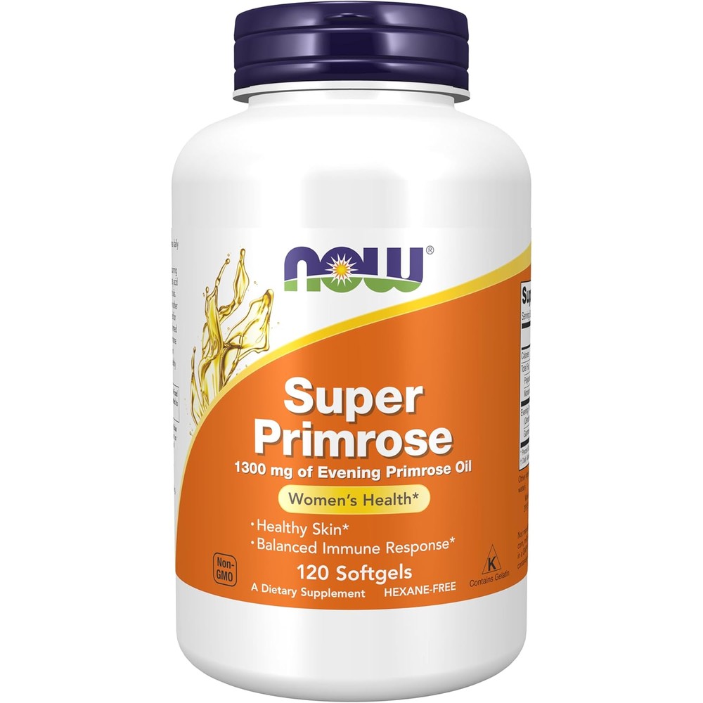 NOW Foods Super Primrose 1300mg 120 softgels front bottle view showing womens health label