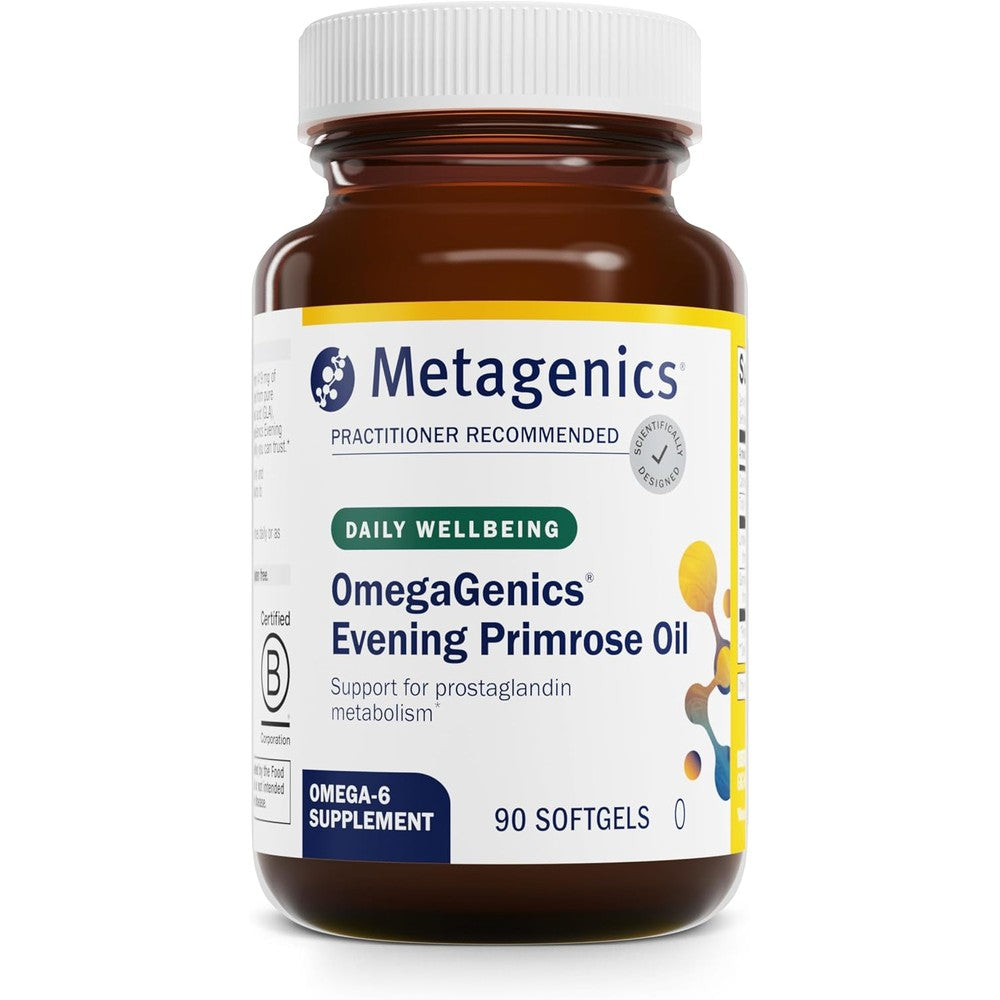 Metagenics OmegaGenics Evening Primrose Oil 90 softgels front bottle view showing omega-6 supplement details.