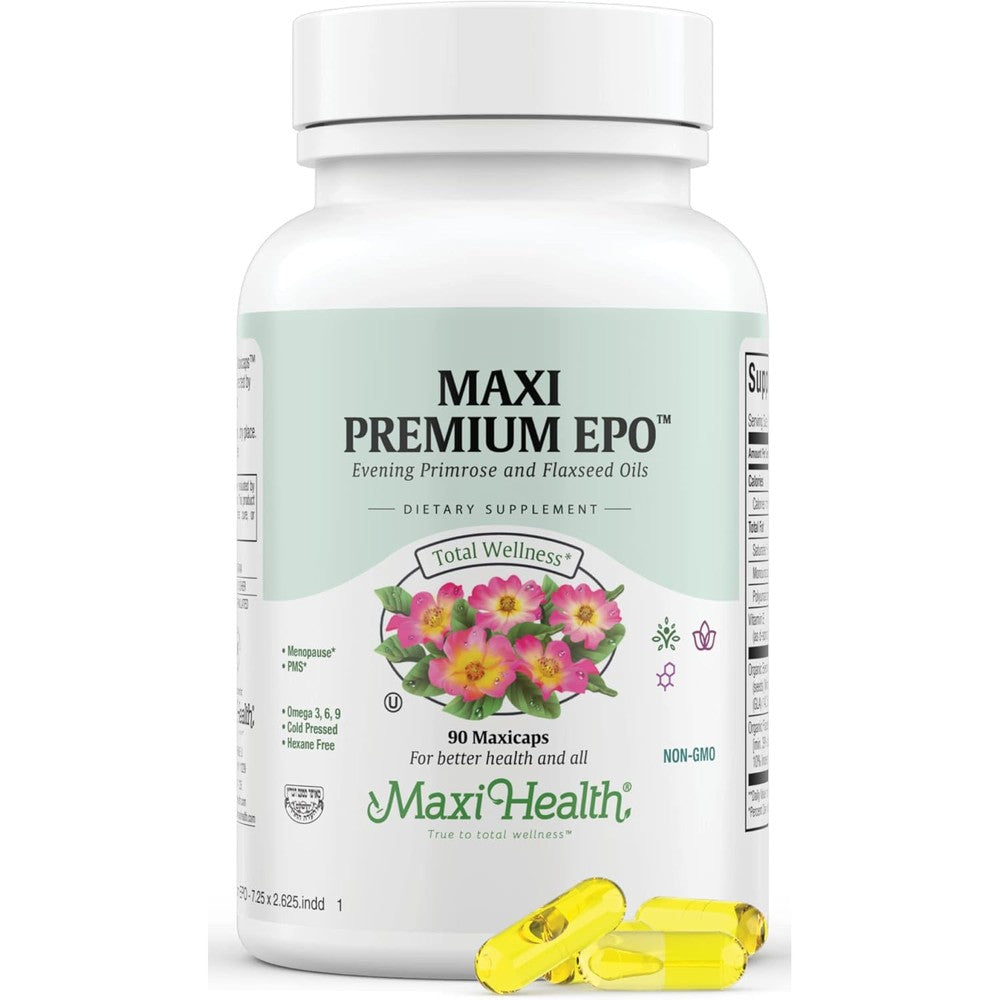 Maxi Health Organic Evening Primrose Oil front view bottle for women hormonal health