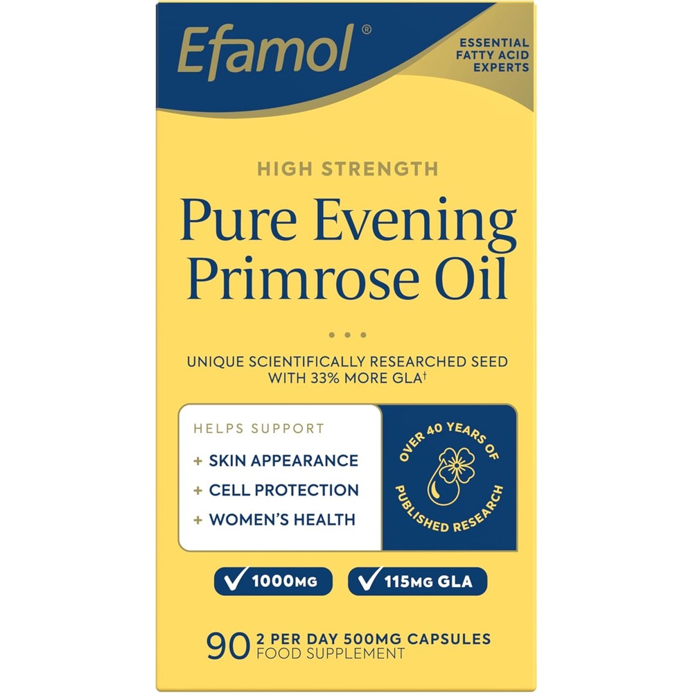 Efamol Pure Evening Primrose Oil 500mg front view of the box showing ninety capsules for hormonal balance.