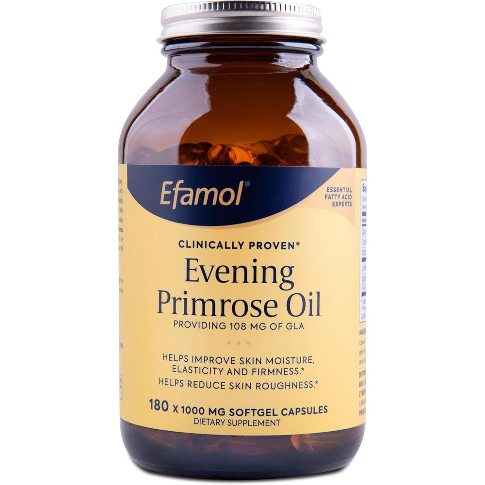 Flora Efamol Pure Evening Primrose Oil 180 softgels front view showing premium packaging