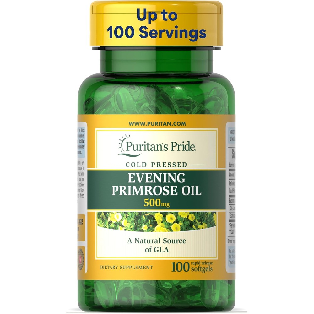 Puritan's Pride Evening Primrose Oil 500mg bottle front view demonstrating authentic packaging.