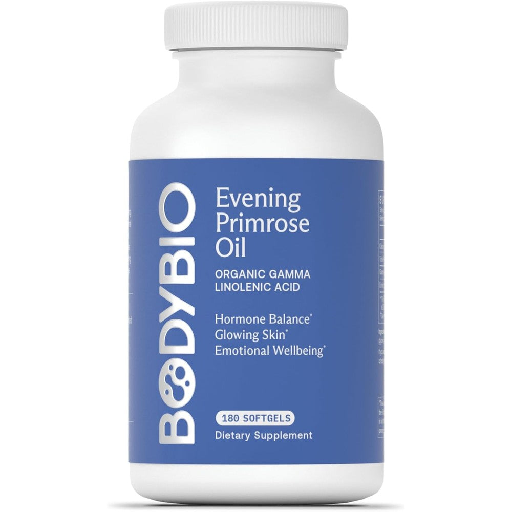 BodyBio Evening Primrose Oil one hundred and eighty softgels bottle front view
