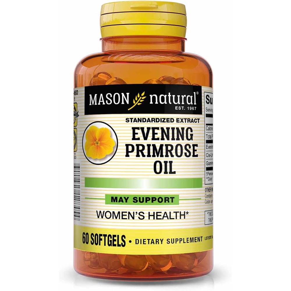 Mason Natural Evening Primrose Oil 1000mg bottle front view showing product benefits for women.