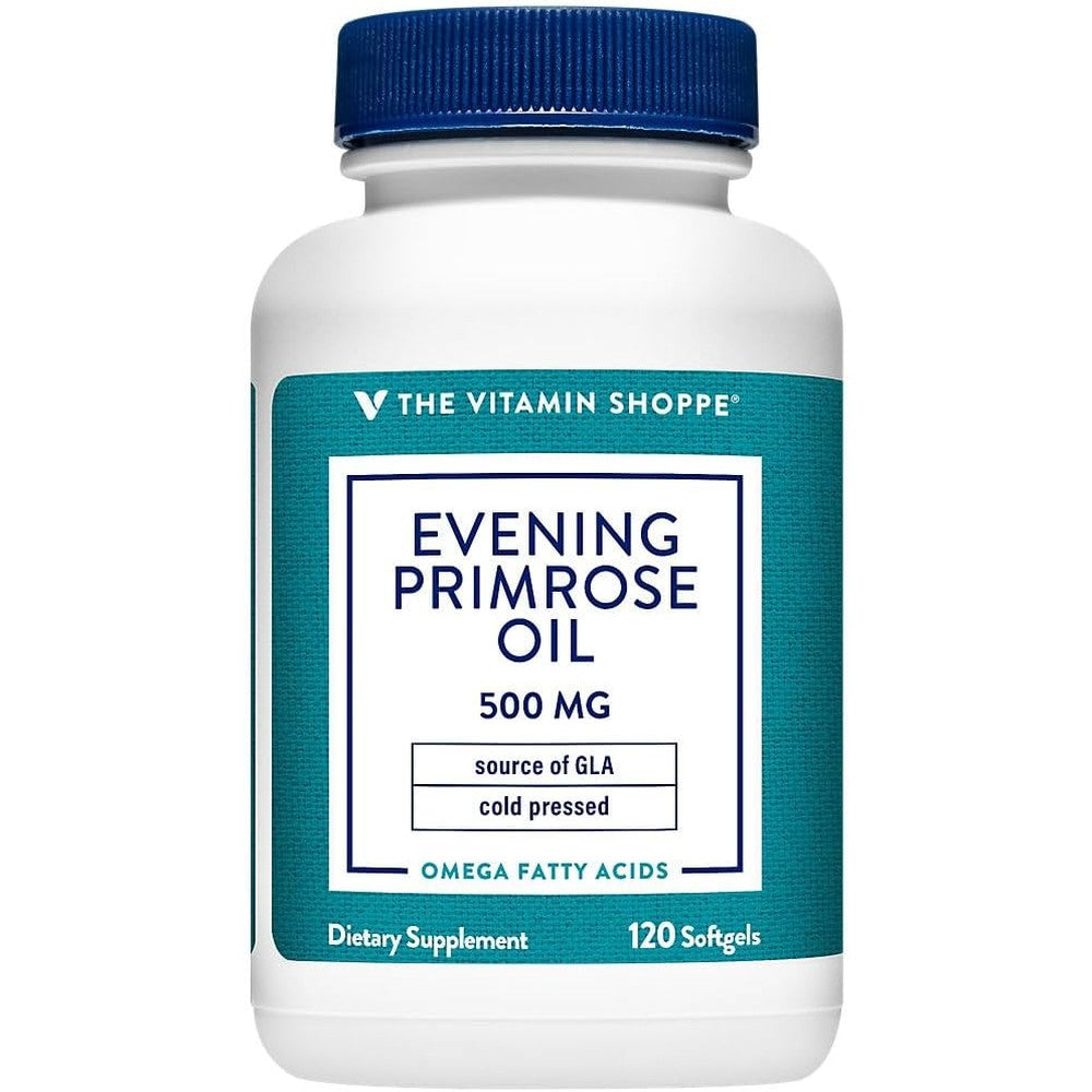 The Vitamin Shoppe Evening Primrose Oil 500mg 120 softgels front bottle view showing women health support labels