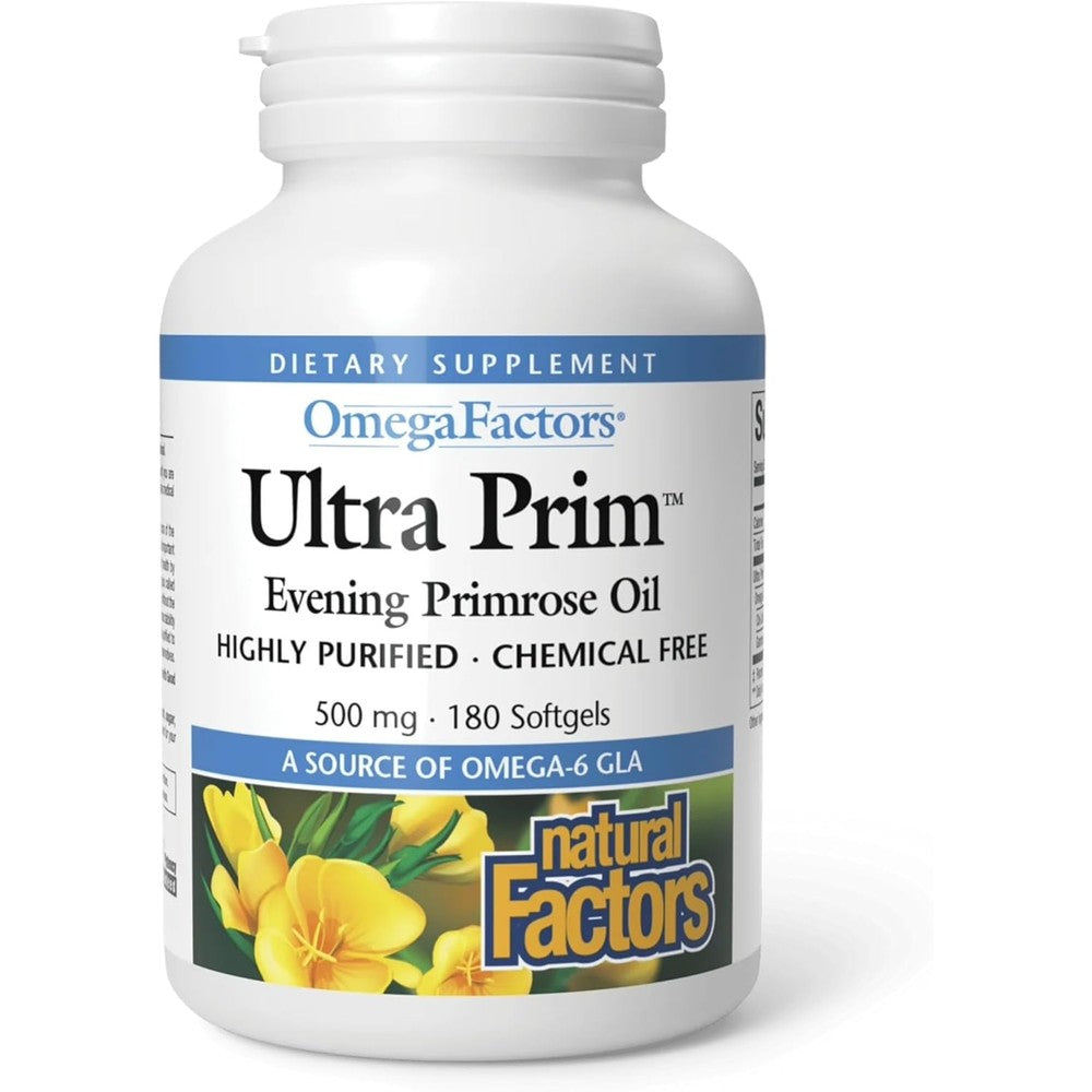 Natural Factors UltraPrim Evening Primrose Oil 500mg 180 softgels front bottle view for hormonal support