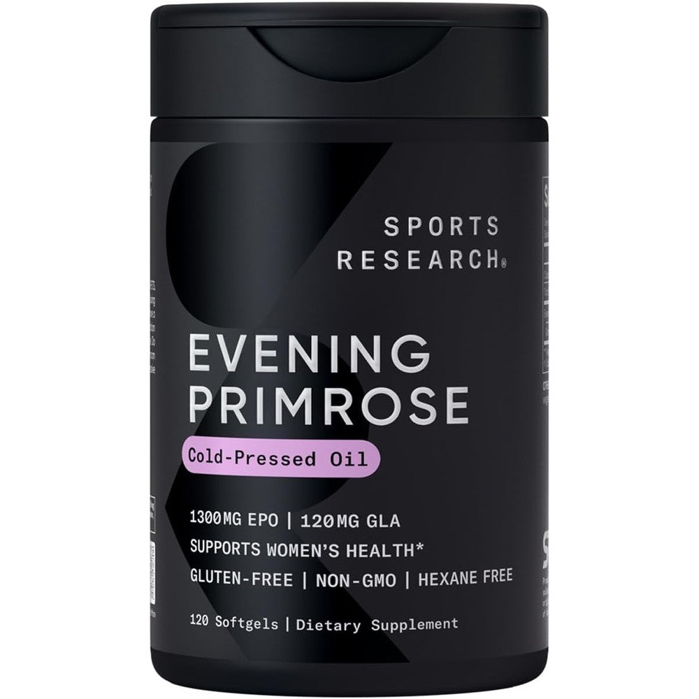 Sports Research Evening Primrose Oil 1300mg bottle front view showing 120 liquid softgels label