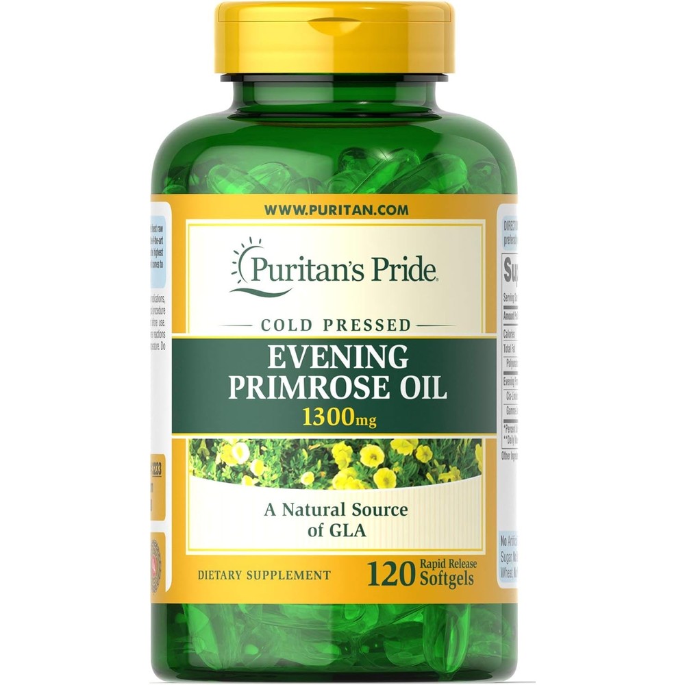 Puritan's Pride Evening Primrose Oil 1300mg 120 softgels front bottle view for women's hormonal health