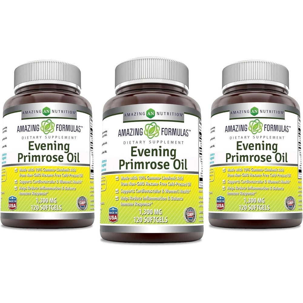 Amazing Nutrition Amazing Formulas Evening Primrose Oil 1300mg front view bottle packaging for women hormonal wellness