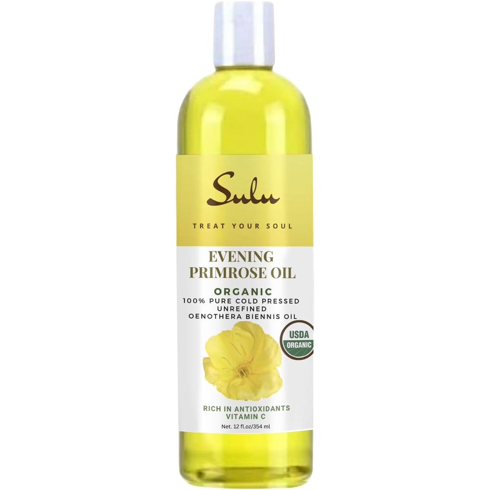 Sulu Organics Pure Evening Primrose Oil twelve fluid ounce bottle front view premium imported skincare carrier oil