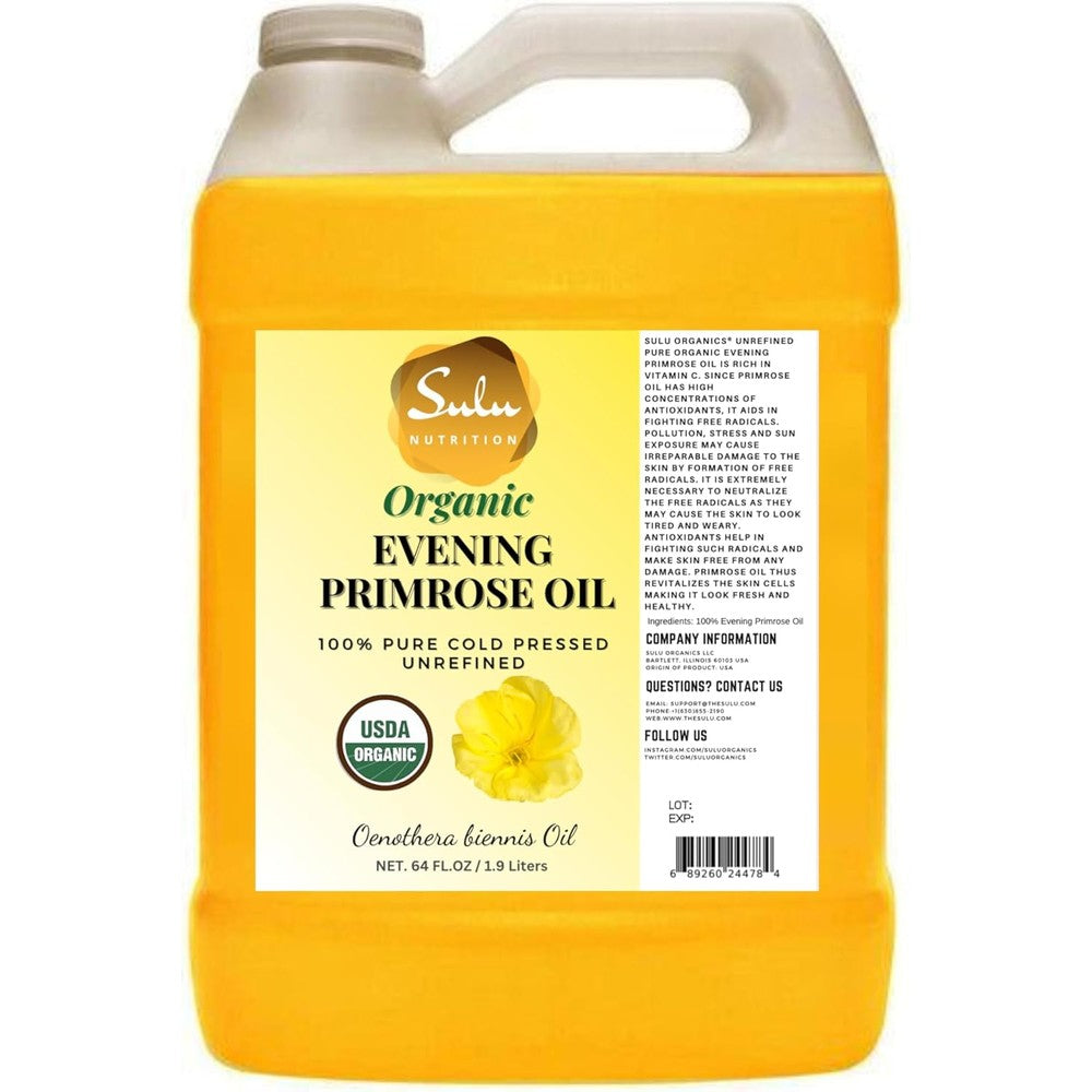 Sulu Organics Pure Evening Primrose Oil four pounds bulk container front view showcasing clean authentic packaging