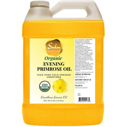Sulu Organics Pure Evening Primrose Oil four pounds bulk container front view showcasing clean authentic packaging