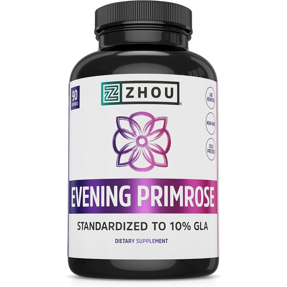 Zhou Nutrition Evening Primrose Oil 1400mg softgels bottle front view for women's hormonal balance