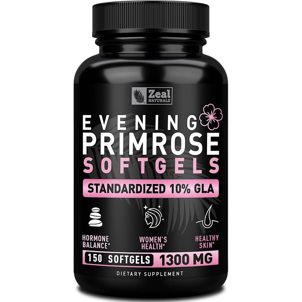 Zeal Naturals Evening Primrose Oil 1300mg front view bottle showing 150 liquid softgels label