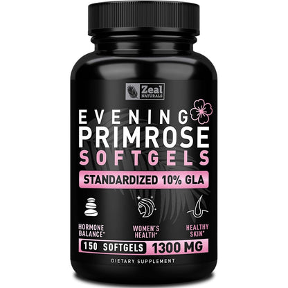 Zeal Naturals Evening Primrose Oil 1300mg front view bottle showing 150 liquid softgels label