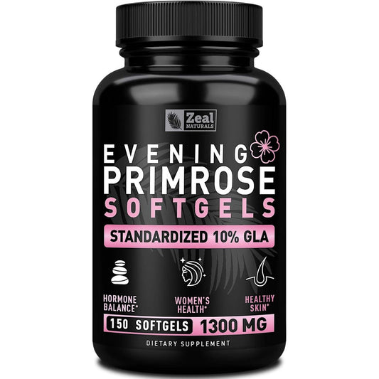 Zeal Naturals Evening Primrose Oil 1300mg front view bottle showing 150 liquid softgels label