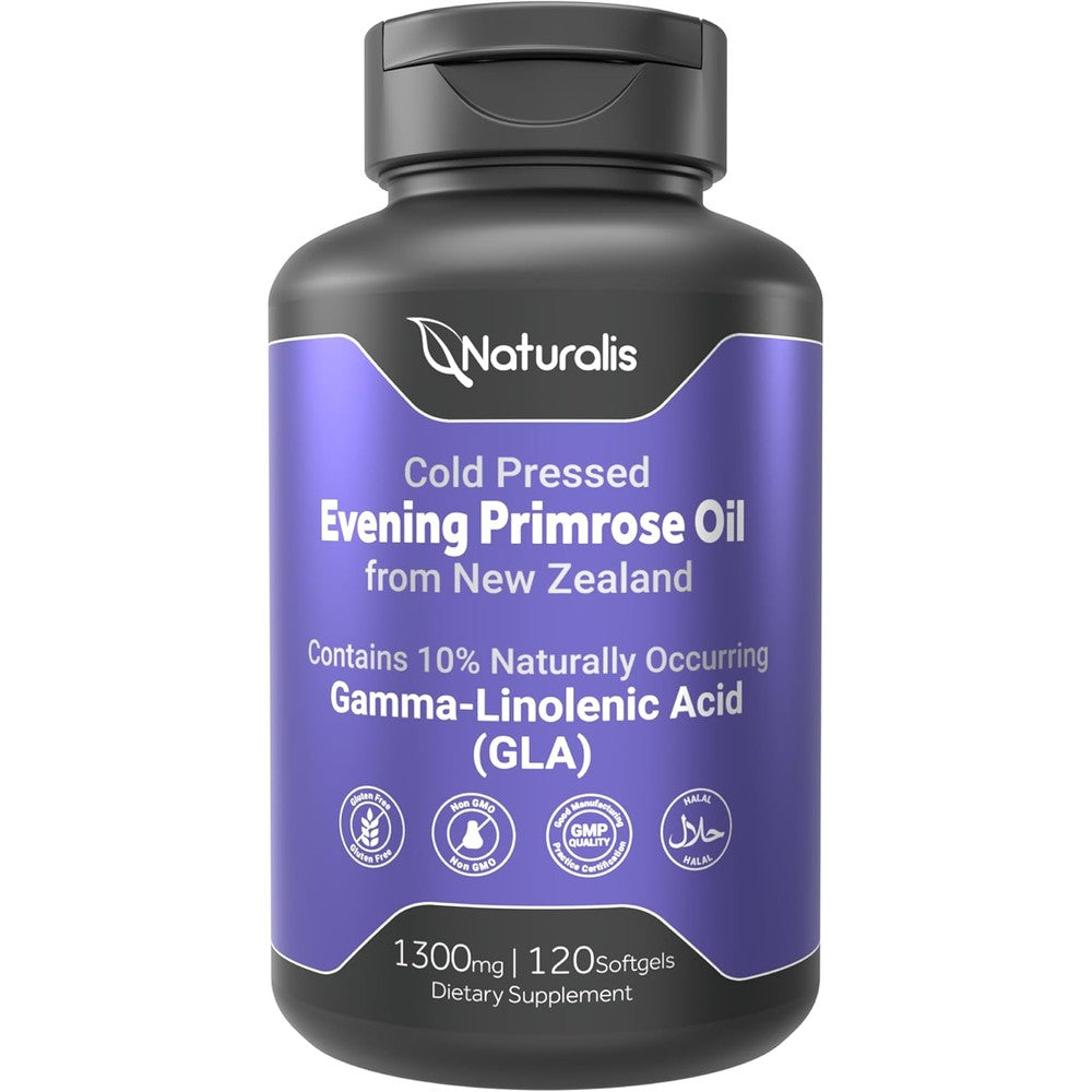 Naturalis Evening Primrose Oil 1300 Milligrams bottle front view showing 120 softgels count for women's wellness.