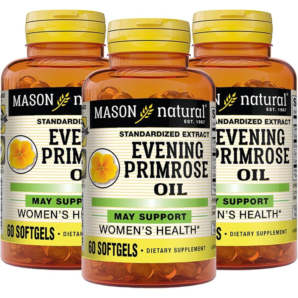 Mason Natural Evening Primrose Oil 1000mg bottle front view showing authentic USA import labeling.