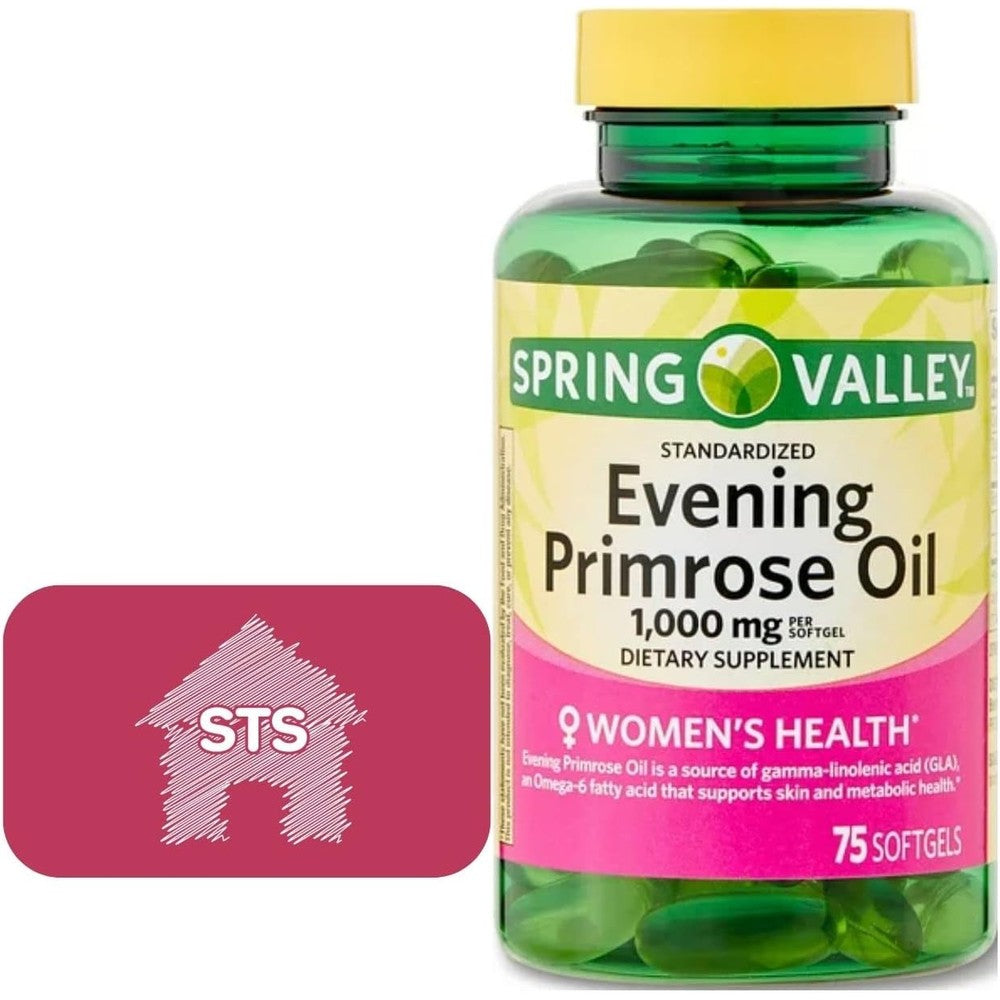 Spring Valley Evening Primrose Oil 1000mg 75 softgels bottle front view showcasing womens health supplement labels.