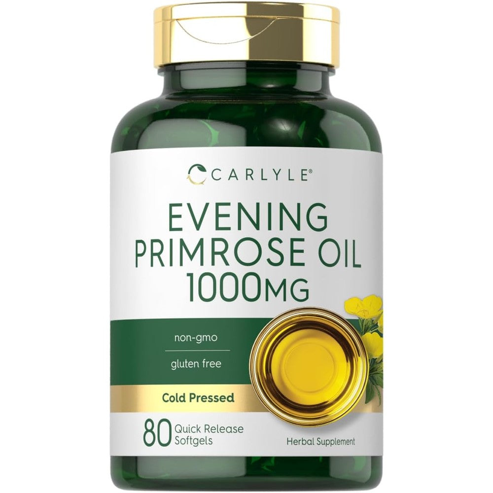 Carlyle Evening Primrose Oil 1000mg 80 softgels bottle front view showcasing authentic USA imported packaging