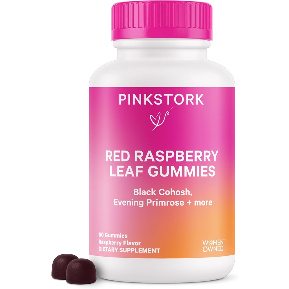 Pink Stork Red Raspberry Leaf Labor Prep Gummies front bottle view showcasing premium imported packaging for pregnancy support.