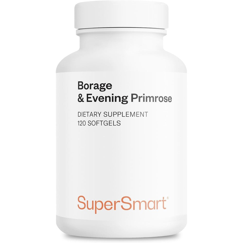 Supersmart Borage and Evening Primrose Oil front view of the 120 softgels supplement bottle