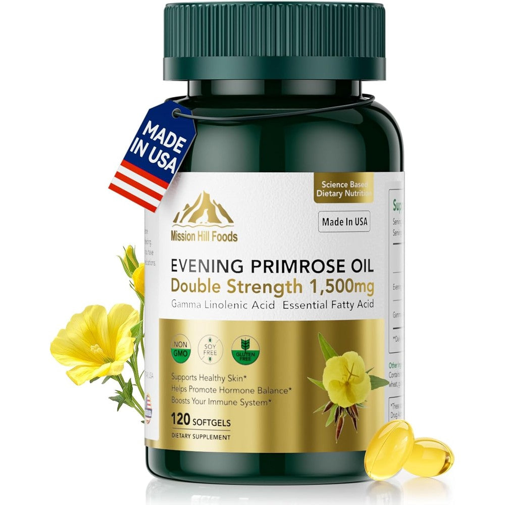 Mission Hill Foods Evening Primrose Oil 1500mg front view of the 120 softgels bottle for women health