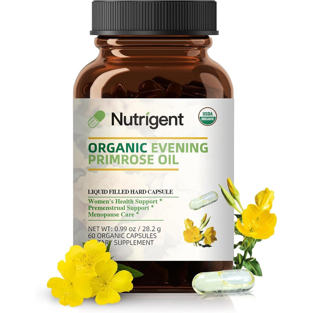 Nutrigent Organic Evening Primrose Oil 60 liquid capsules front view bottle for womens health