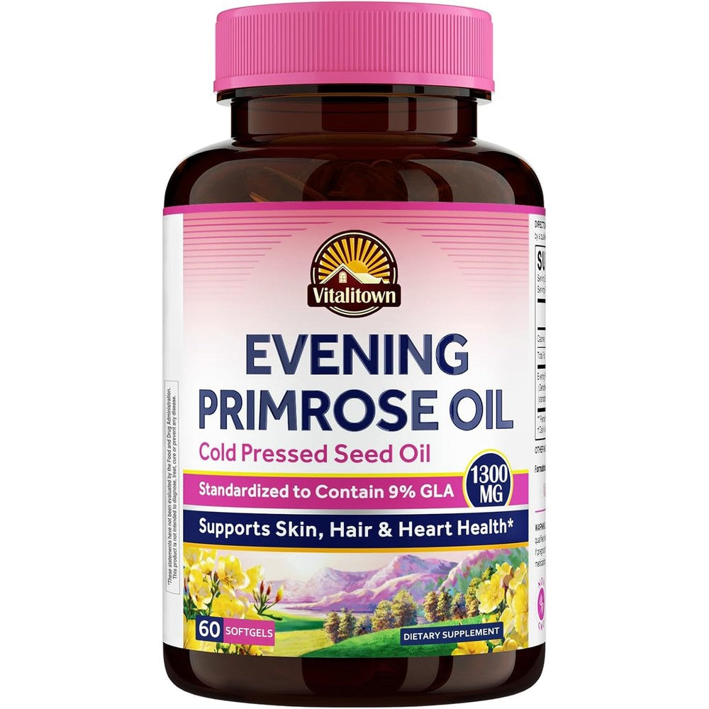 Vitalitown Evening Primrose Oil 1300mg 60 softgels front bottle view