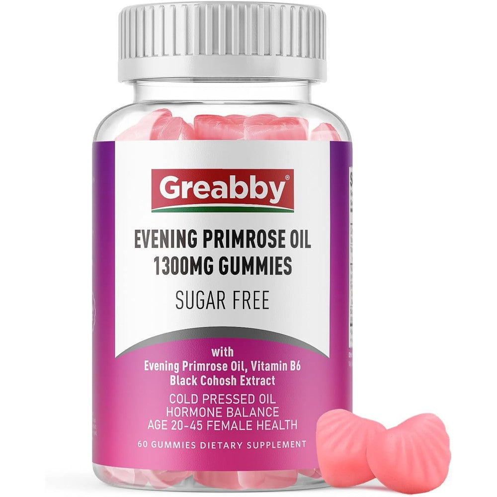 Greabby evening primrose oil gummies front bottle view showing sixty count vitamins