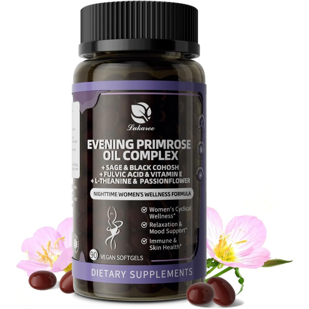 Lukaree Evening Primrose Oil Complex front view bottle for women hormone wellness supplement