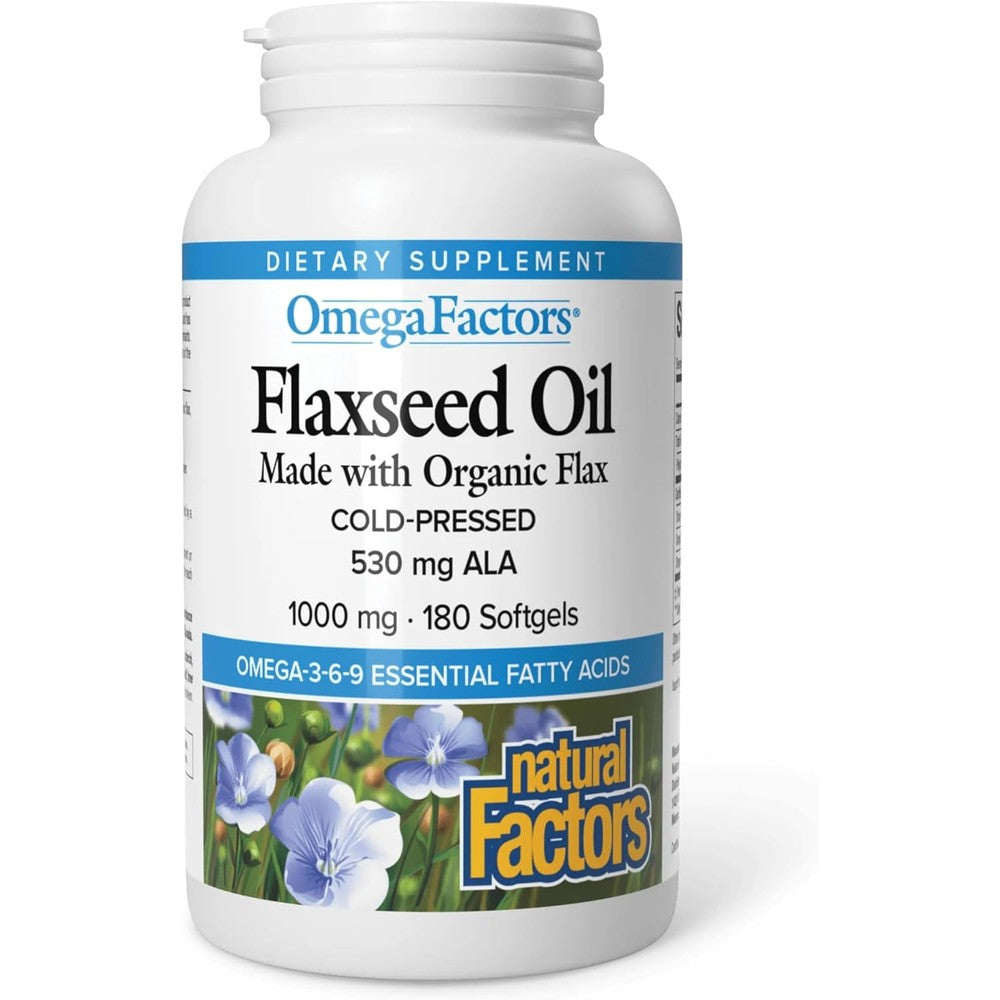 Natural Factors Flaxseed Oil 180 Softgels front view bottle