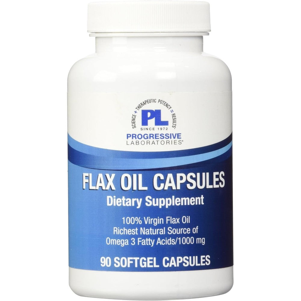 Progressive Laboratories Flax Oil 1000 Milligram 90 softgel capsules front bottle view for cardiovascular support