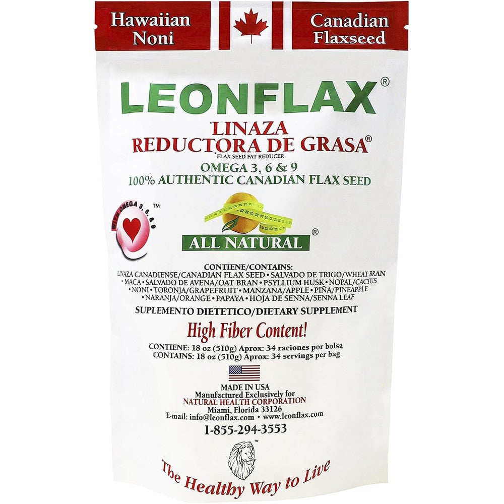 Leonflax Canadian Flax Seed Digestive Health Powder eighteen ounce bag front view showcasing natural fiber supplement ingredients