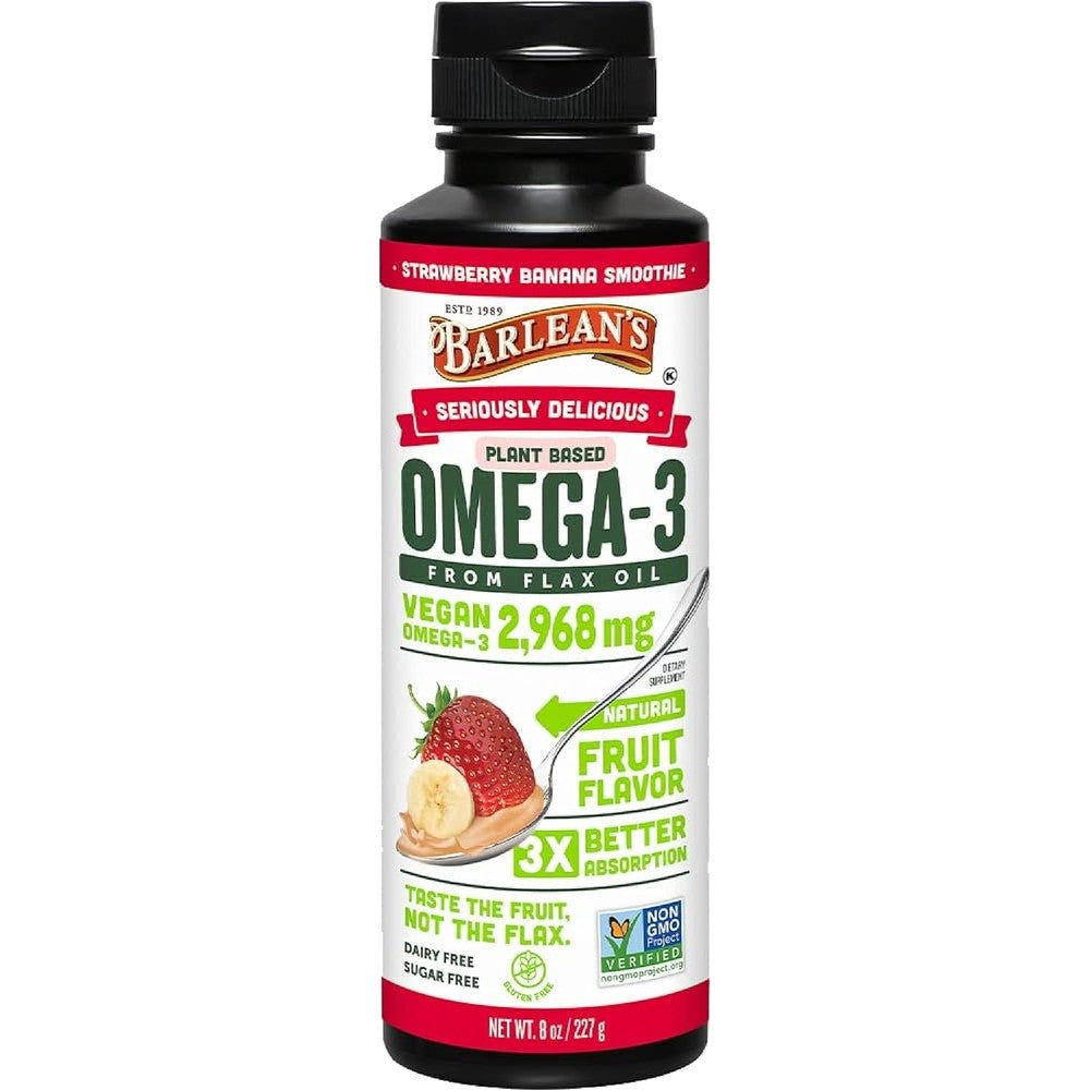 Barlean's Strawberry Banana Flaxseed Oil Liquid 8 ounce bottle front view vegan omega supplement