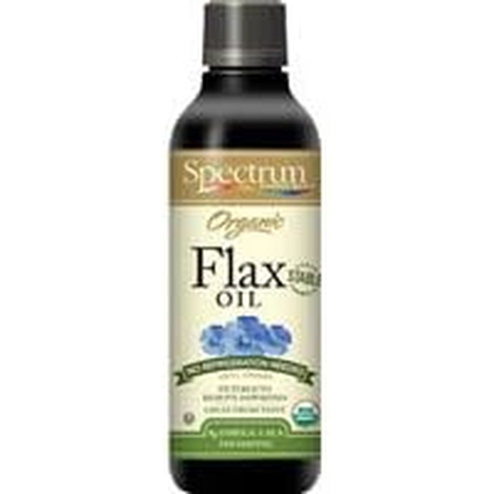 Spectrum Essentials Organic Flax Oil 8 Ounce bottle front view showing plant based Omega 3 supplement benefits.