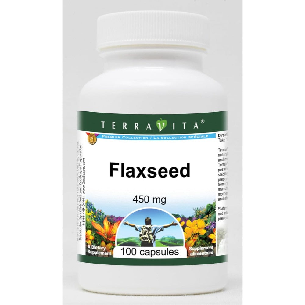 Terravita Flaxseed 450mg 100 capsules front view bottle for daily omega fatty acid support