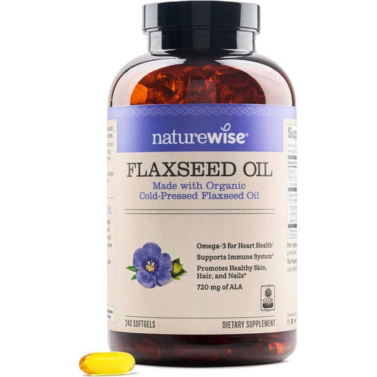 NatureWise Organic Flaxseed Oil 1242mg 240 softgels bottle front view showcasing premium plant based omega supplement