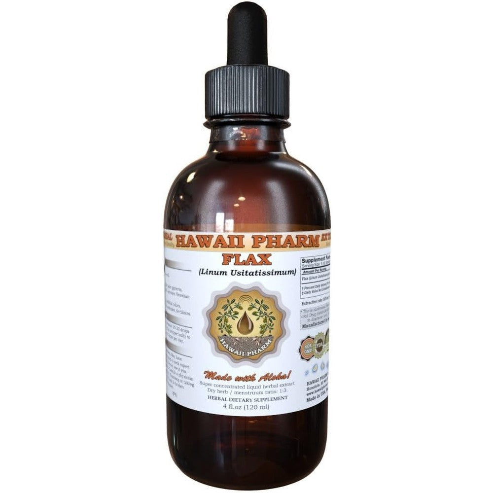 Hawaii Pharm Flax Seed Liquid Extract four ounce bottle front view showcasing authentic USA imported herbal supplement packaging