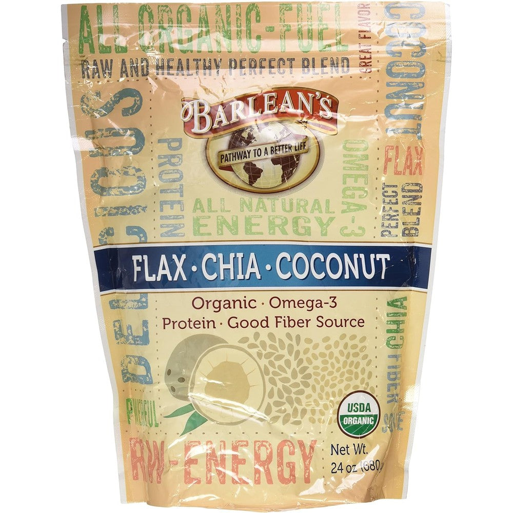 Barlean's Organic Flax Chia Coconut Blend 24 Ounce front packaging showing organic fiber superfood powder.
