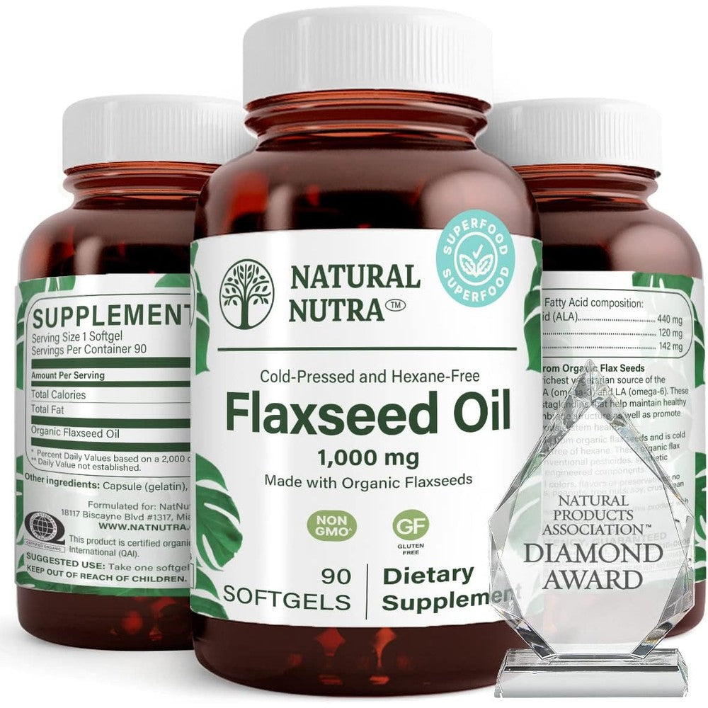 Natural Nutra Organic Flaxseed Oil 1000 Milligrams front bottle view for heart health supplement