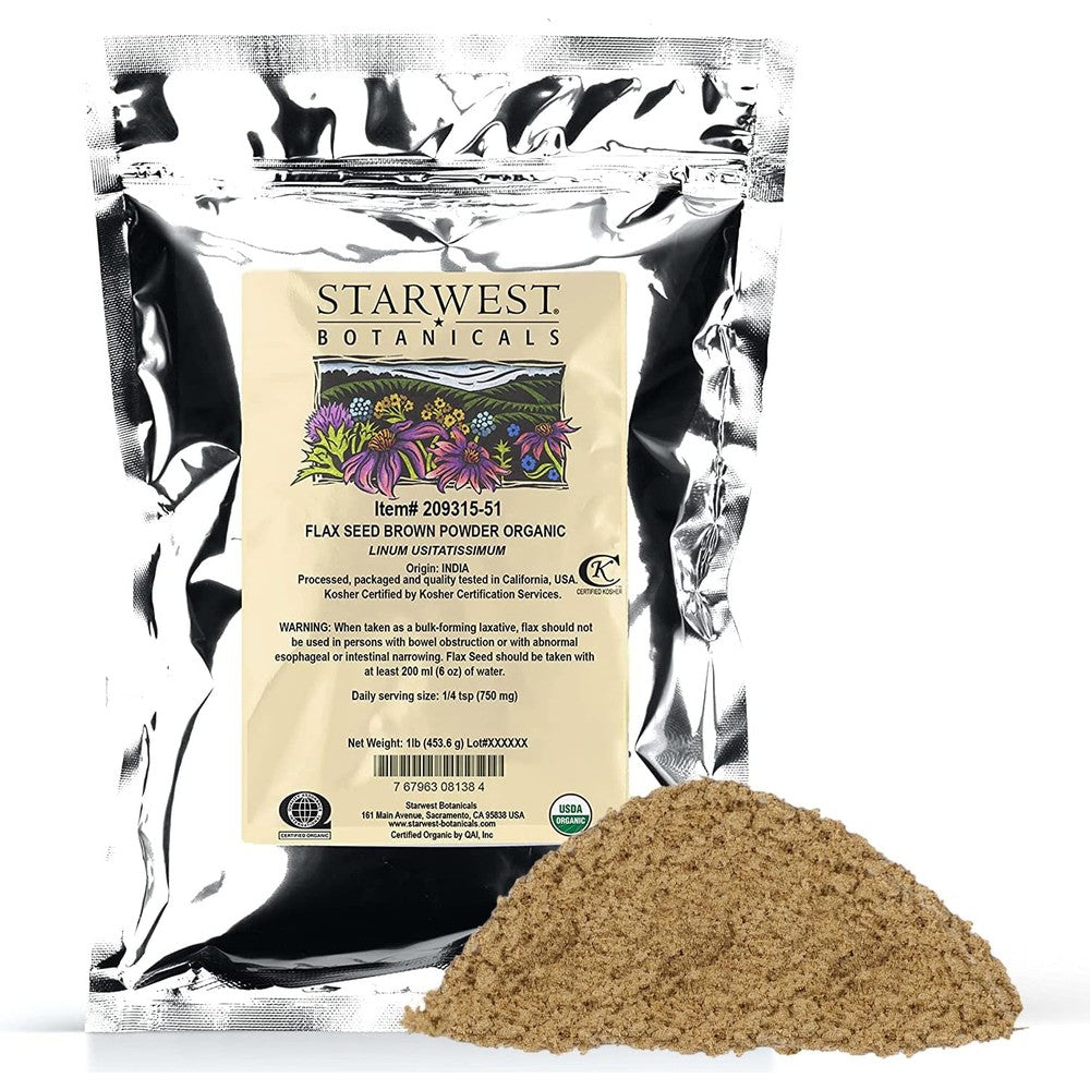 Starwest Botanicals Certified Organic Ground Flax Seed Meal Powder pouch front view showing organic health supplement label.