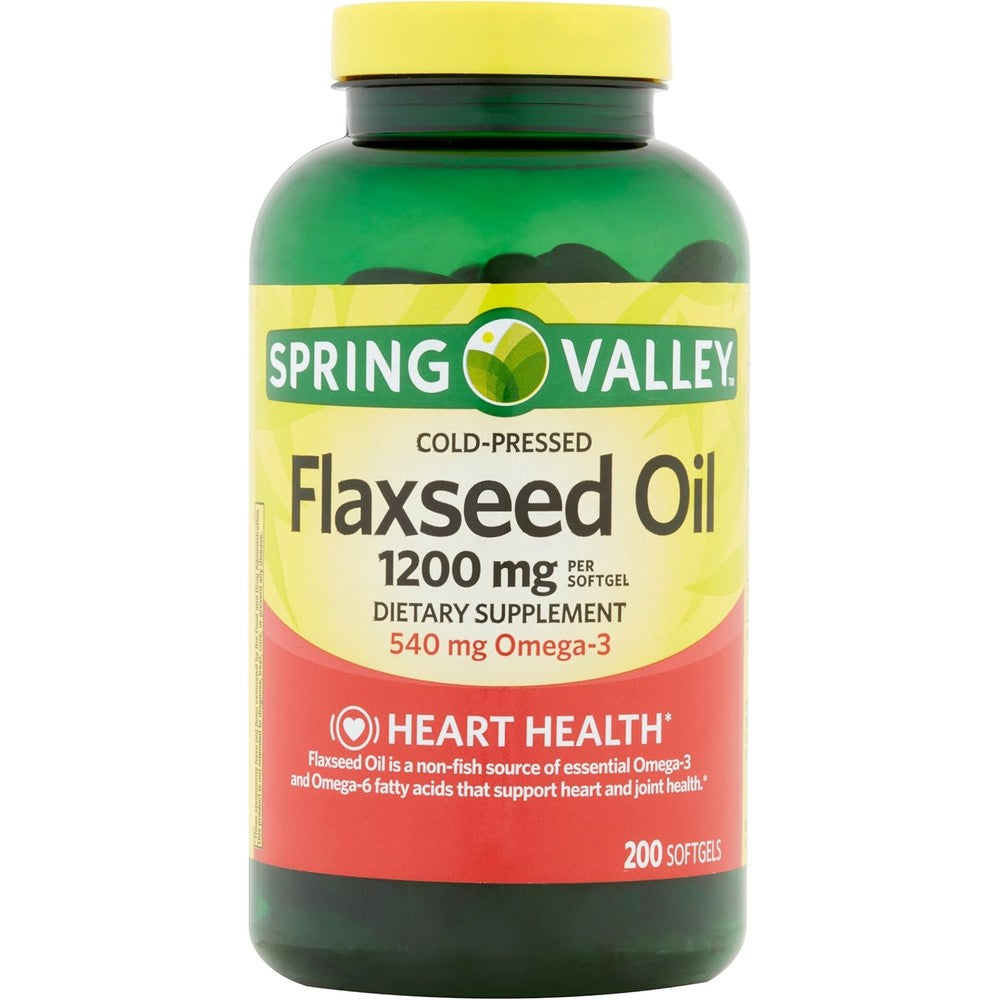 Spring Valley Flaxseed Oil 1200mg 200 softgels bottle front view showcasing heart health benefits.