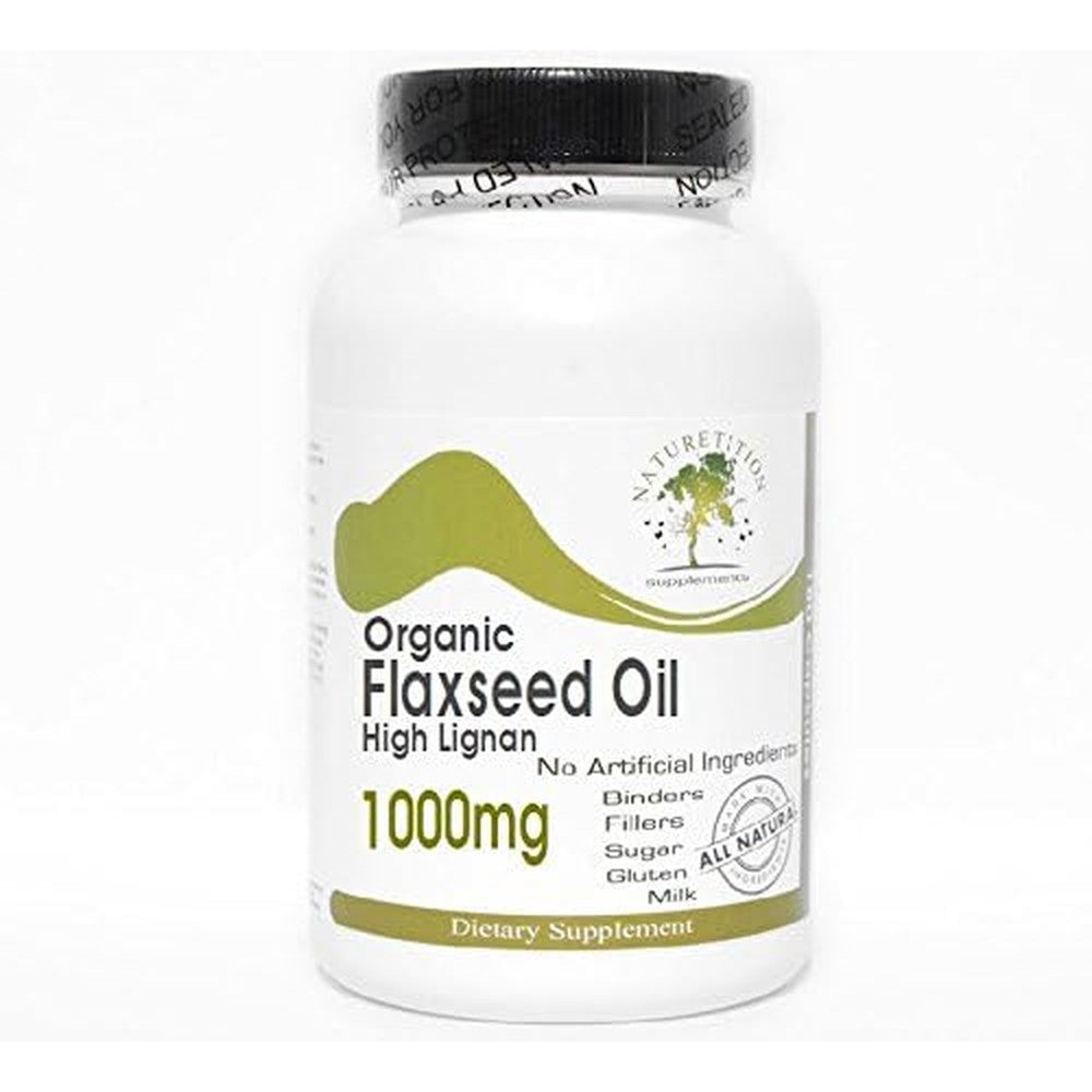 Naturetition Organic Flaxseed Oil High Lignan 1000mg bottle front view showing capsule count for cardiovascular health.