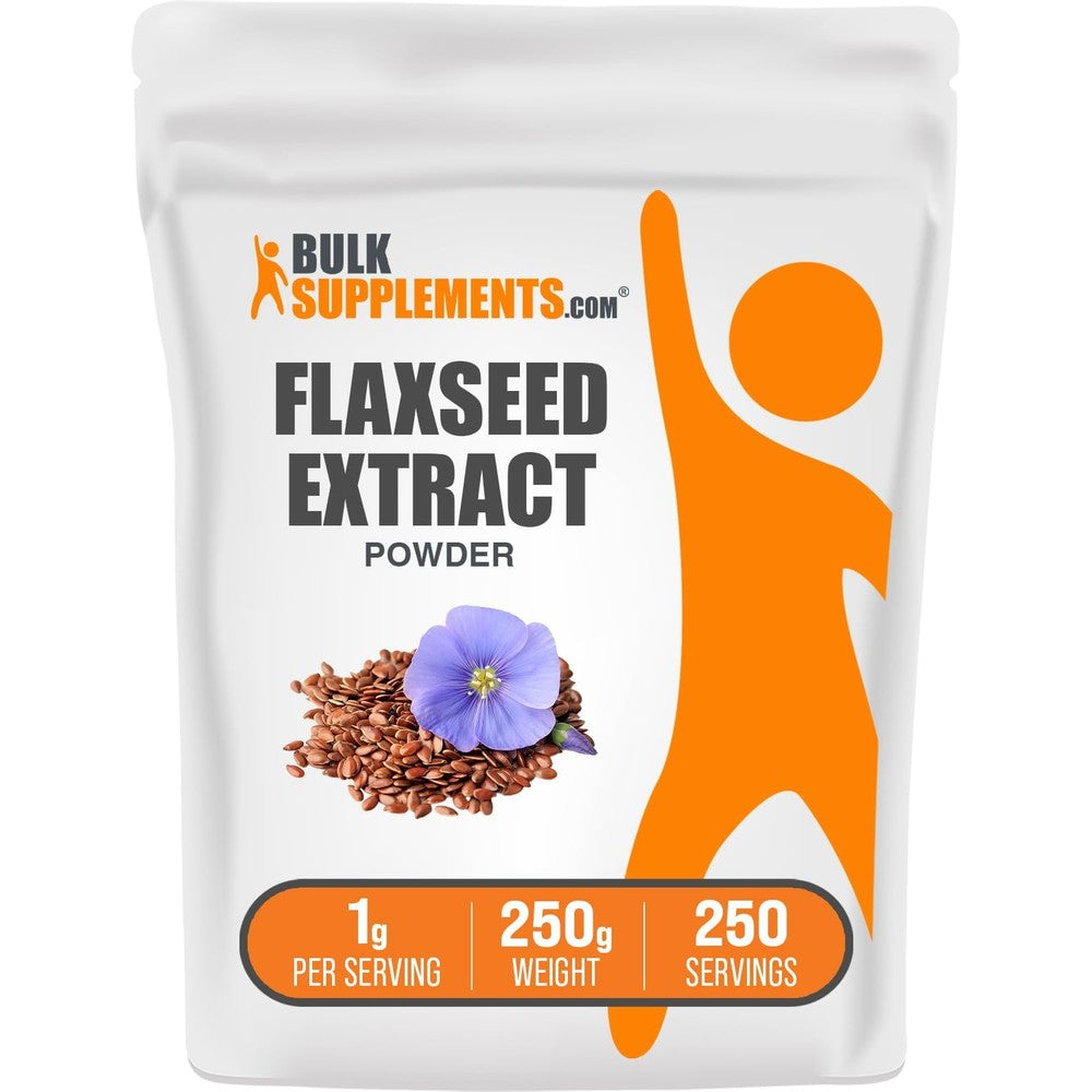 BulkSupplements Flaxseed Extract Powder 250 grams front view packaging showing nutritional label.
