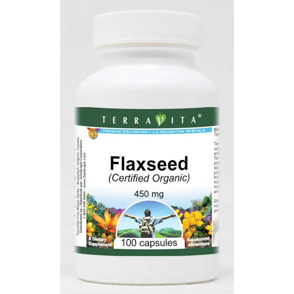 Terravita Organic Flaxseed 450mg bottle front view showing pure Omega 3 supplement labels.