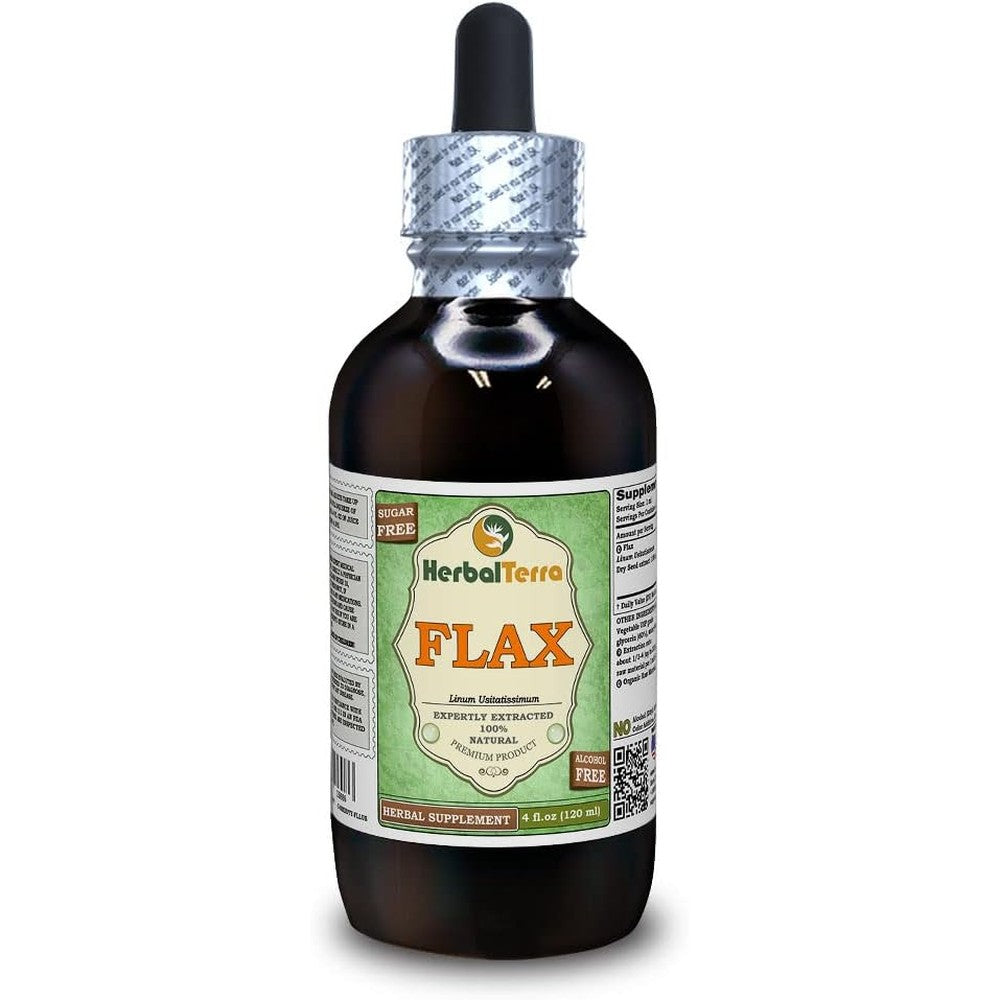 Herbal Terra Organic Flax Glycerite 4 Fluid Ounce front view showing alcohol-free liquid supplement label
