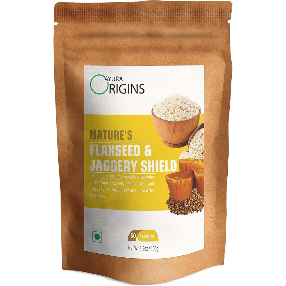 AYURA ORIGINS Nature's Flaxseed and Jaggery Shield pouch front view for natural gas relief